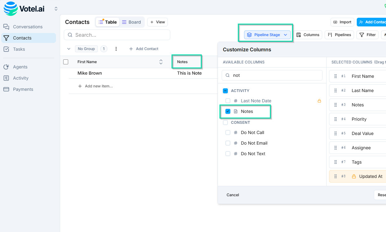 Where Notes Appear - Contacts